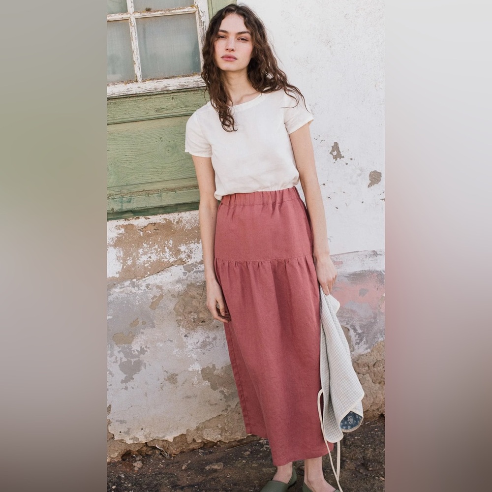 EUC Like New NPL Not Perfect Linen Dusty Rose ANJALI two-tier linen skirt